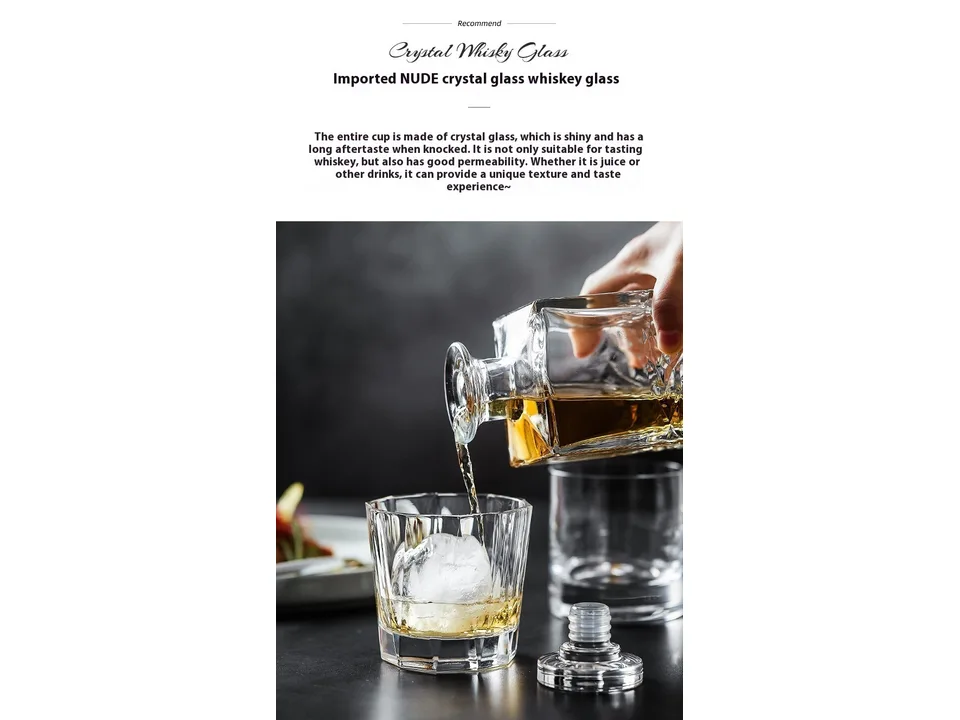 Whisky being poured from a crystal decanter into a crystal whisky glass with ice.