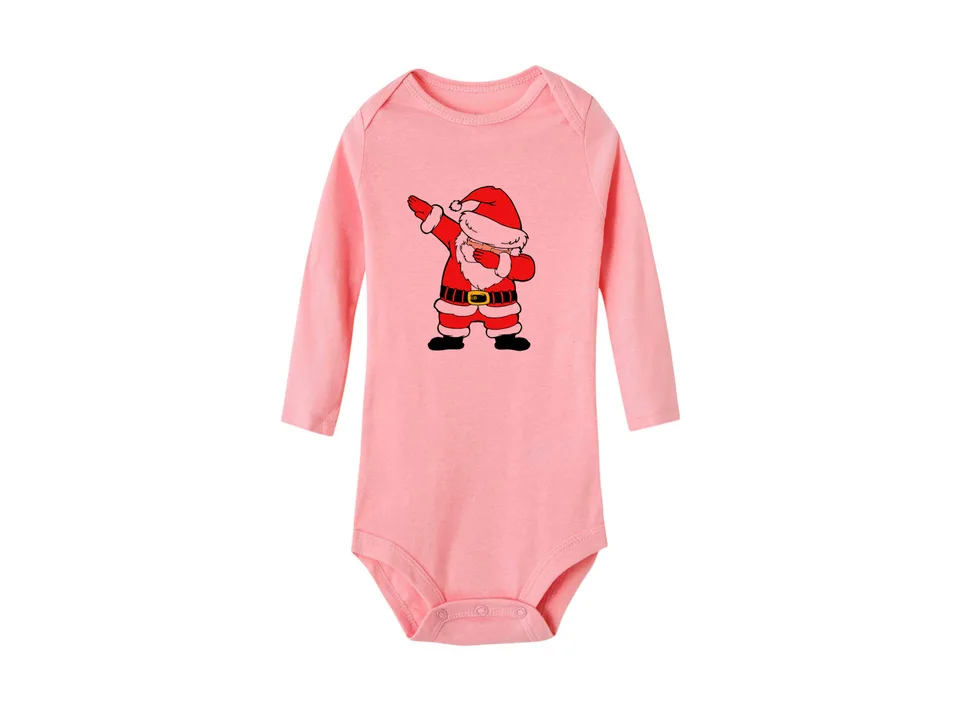 Pink long-sleeve baby bodysuit with a dabbing Santa Claus graphic.