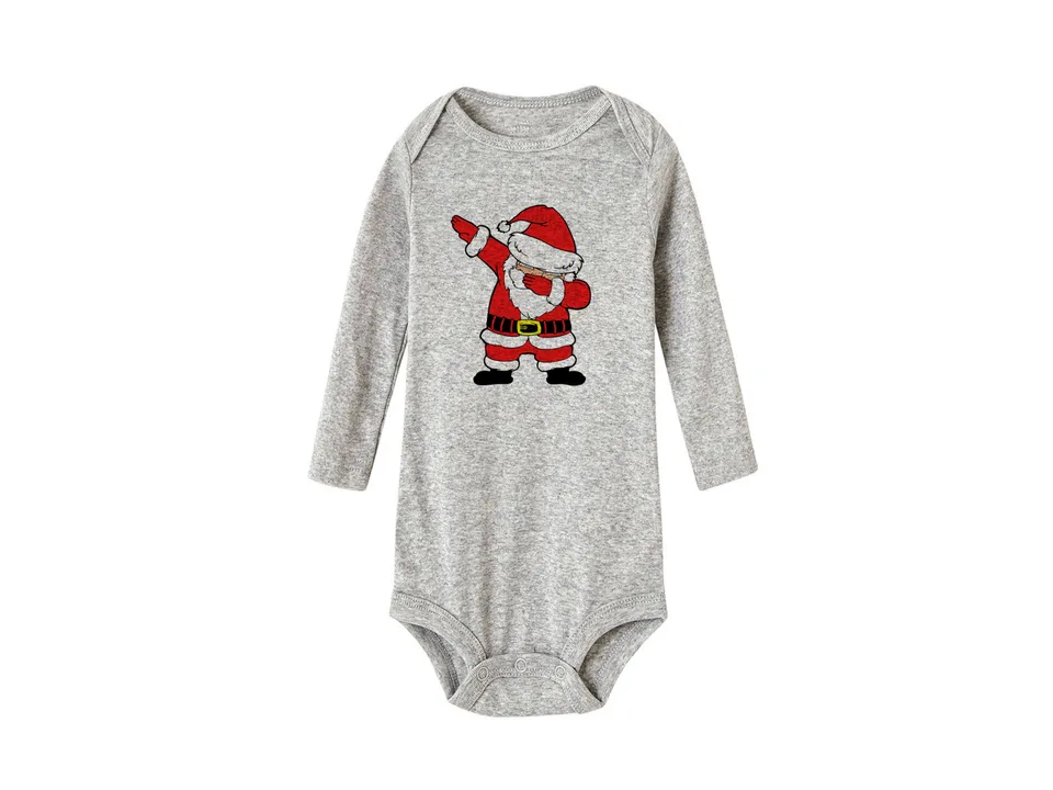 Grey long-sleeve baby bodysuit with a dabbing Santa Claus graphic.