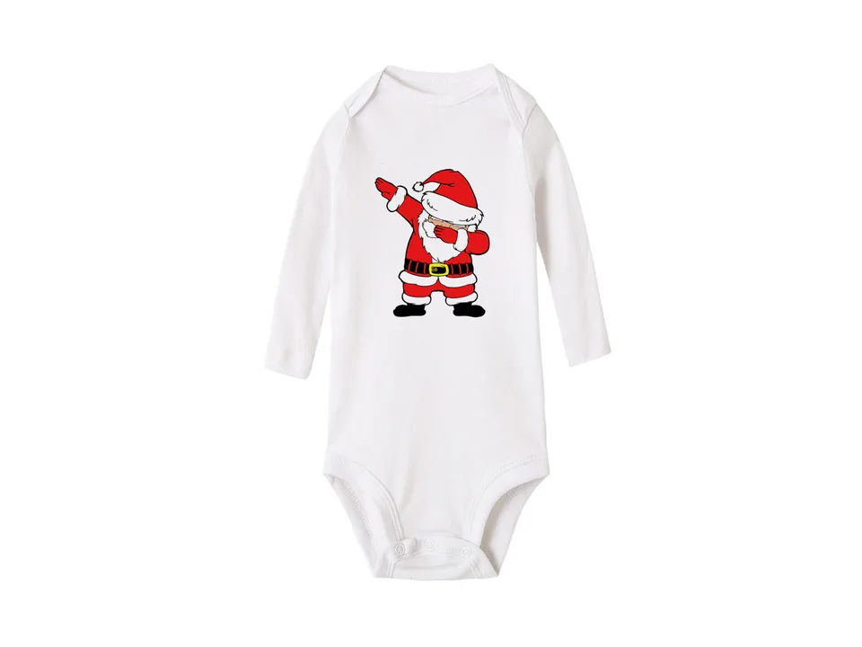 White long-sleeve baby bodysuit with a dabbing Santa Claus graphic.