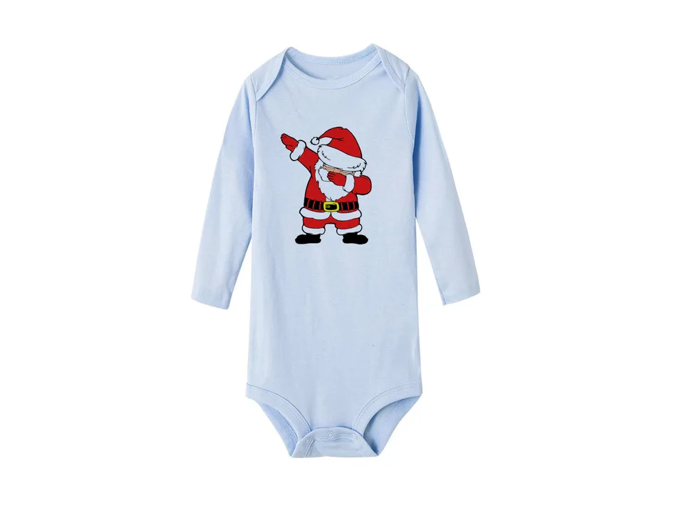 Light blue long-sleeve baby bodysuit with a dabbing Santa Claus graphic.