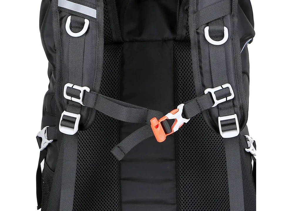 Close-up of the backpack's chest strap with an integrated emergency whistle.