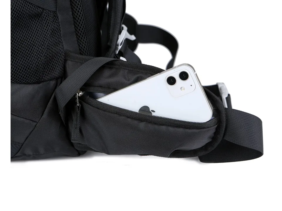 Close-up of a smartphone stored in the zippered hip belt pocket of the backpack.