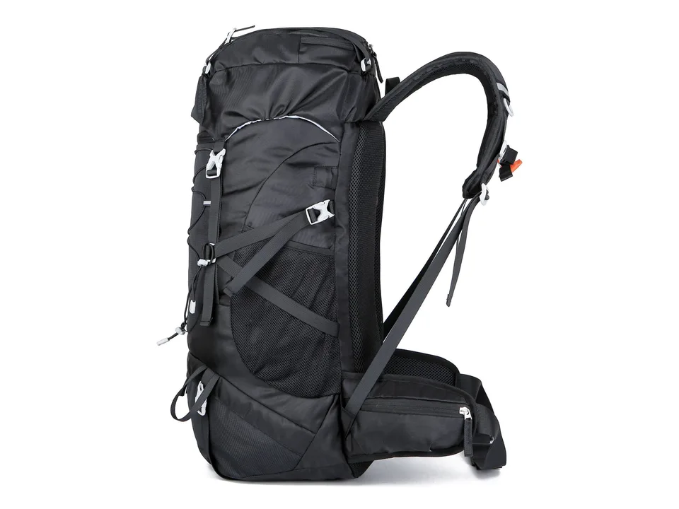 Side view of the black hiking backpack showing straps and side mesh pocket.