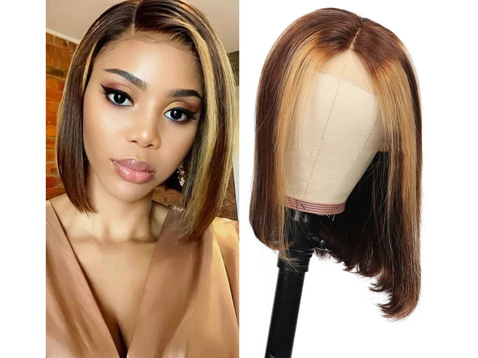 A woman wearing a short, straight, highlighted bob wig next to the same wig on a mannequin head.