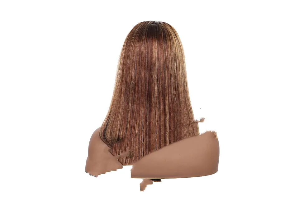 The back view of a short, straight, highlighted bob wig on a mannequin head.