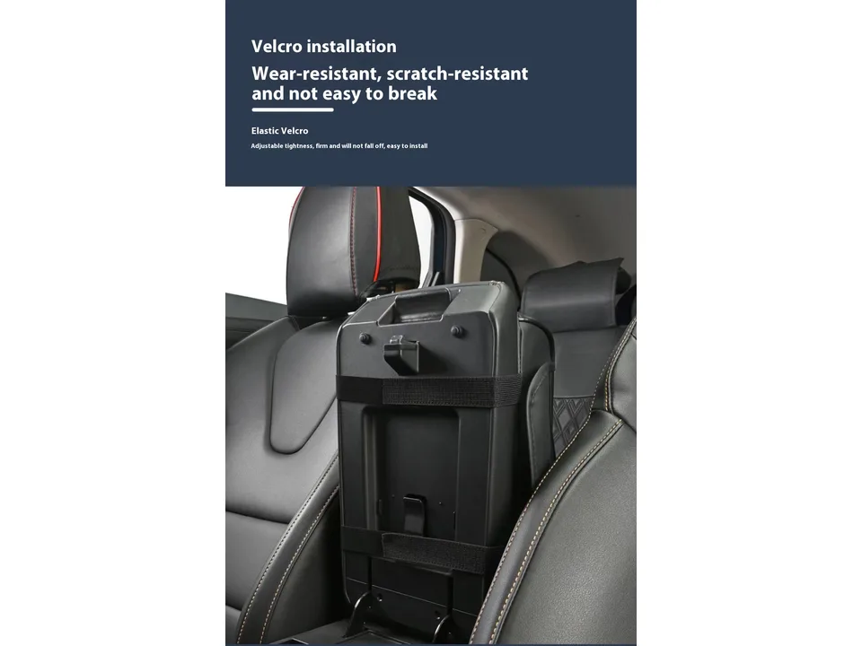 Underside view of the car armrest pad showing velcro strap installation.