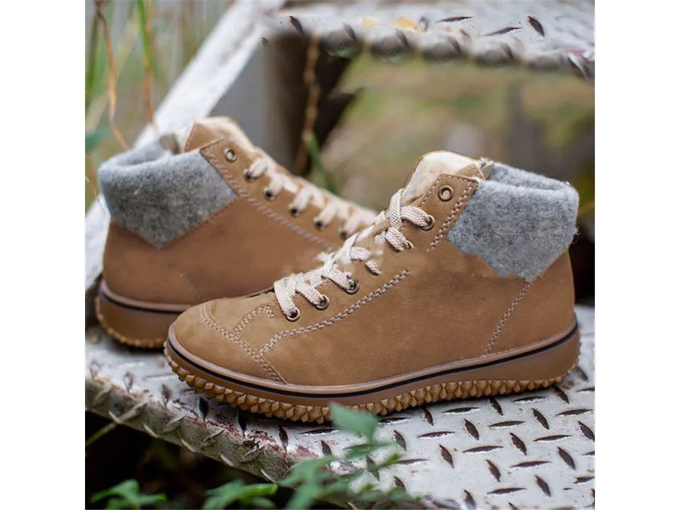 Brown lace-up snow boots with a grey wool cuff and thick brown sole.
