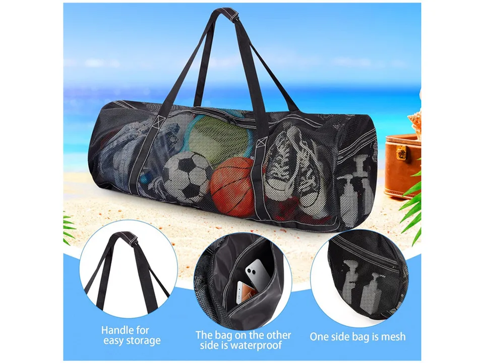 Mesh duffel bag with callouts for the handle, waterproof side pocket, and mesh side pocket.