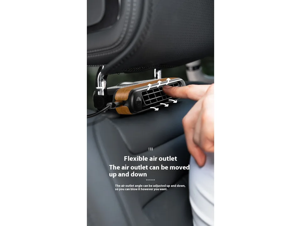 Close-up of a hand adjusting the angle of the car seat fan's air outlet.