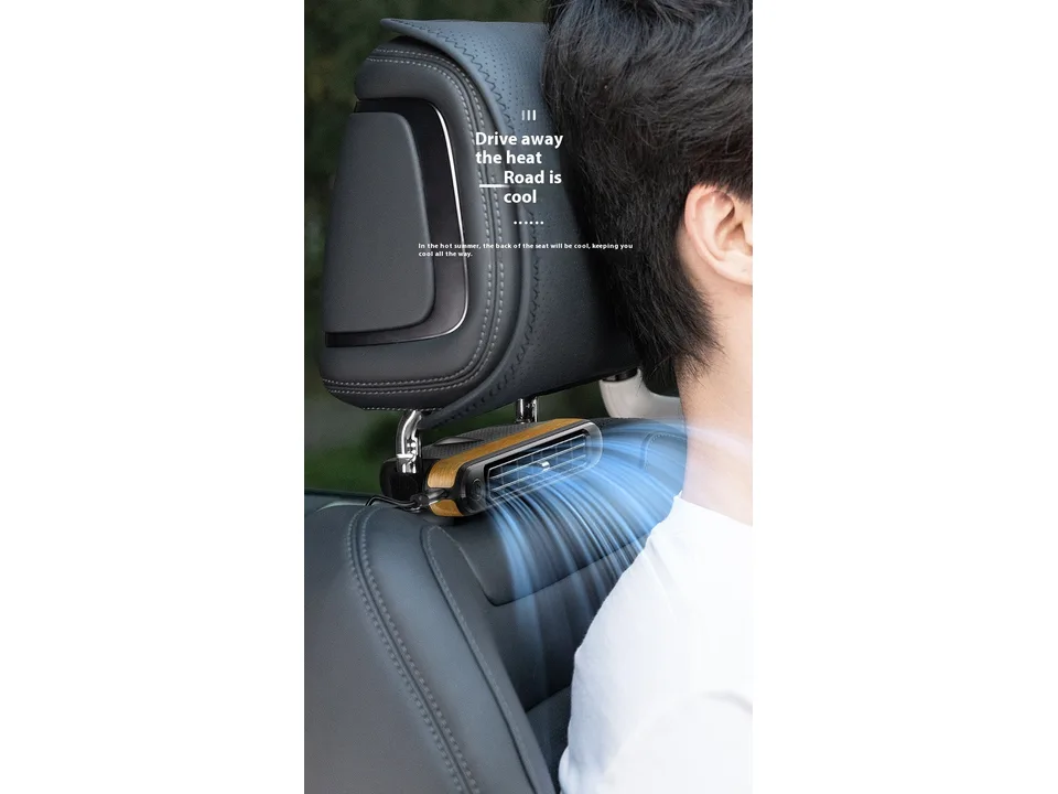 Car seat headrest cooling fan in use, blowing cool air towards the passenger.