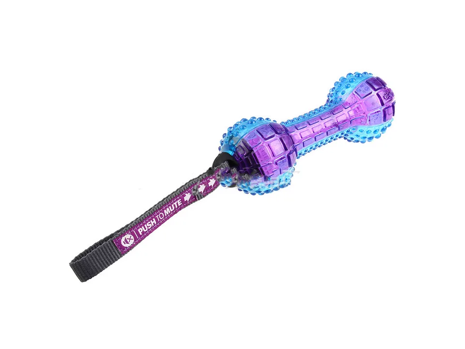 Blue and purple textured rubber dog toy with a 'Push to Mute' strap attached.