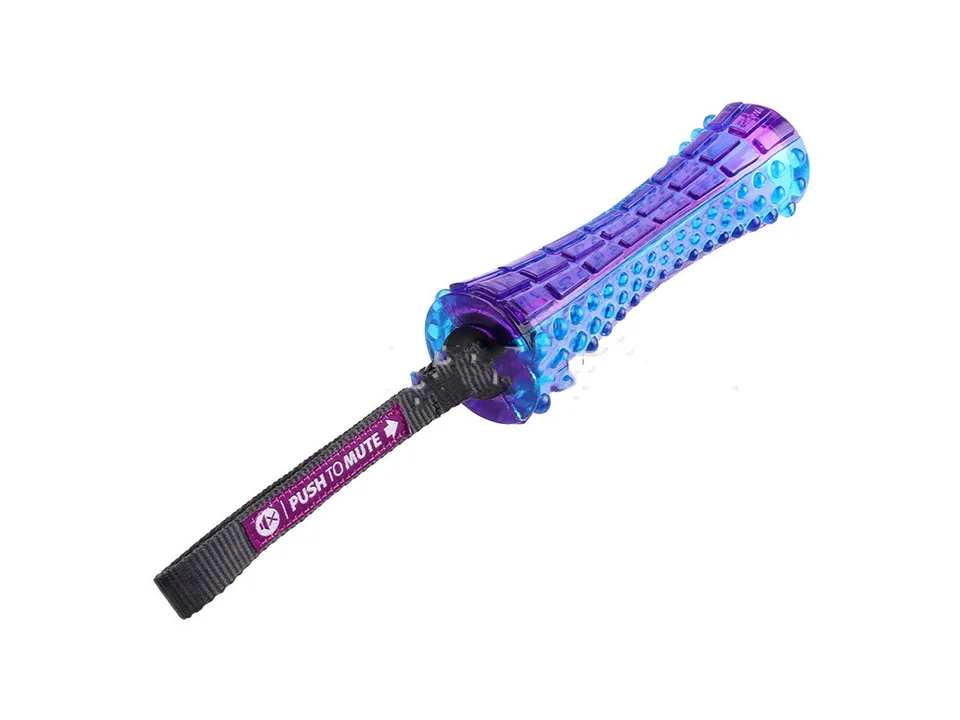 Blue and purple textured rubber dog toy with a 'Push to Mute' strap attached.