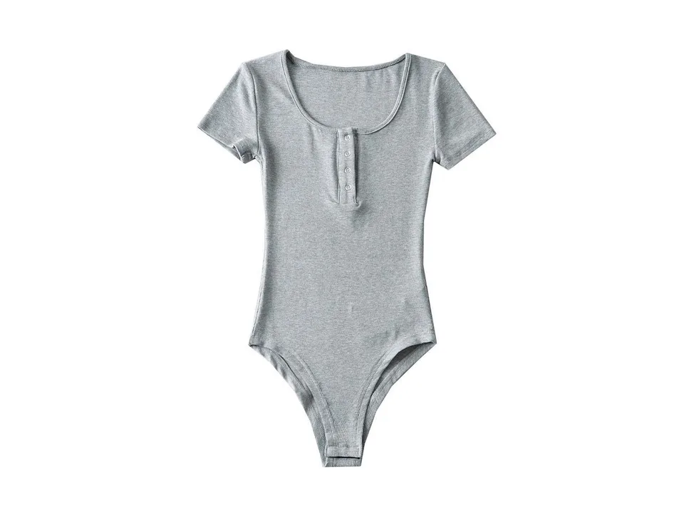 Grey short sleeve henley bodysuit on a white background.