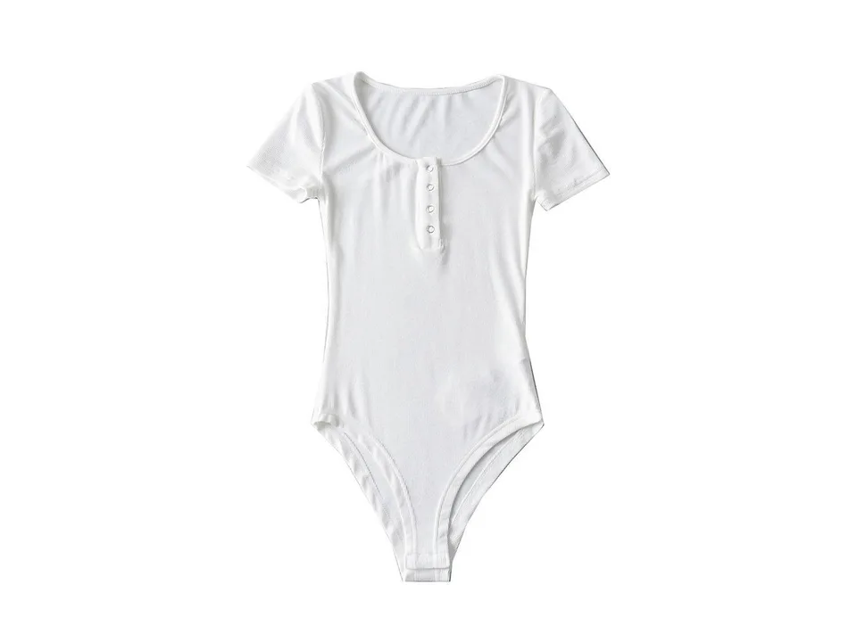 White short sleeve henley bodysuit on a white background.
