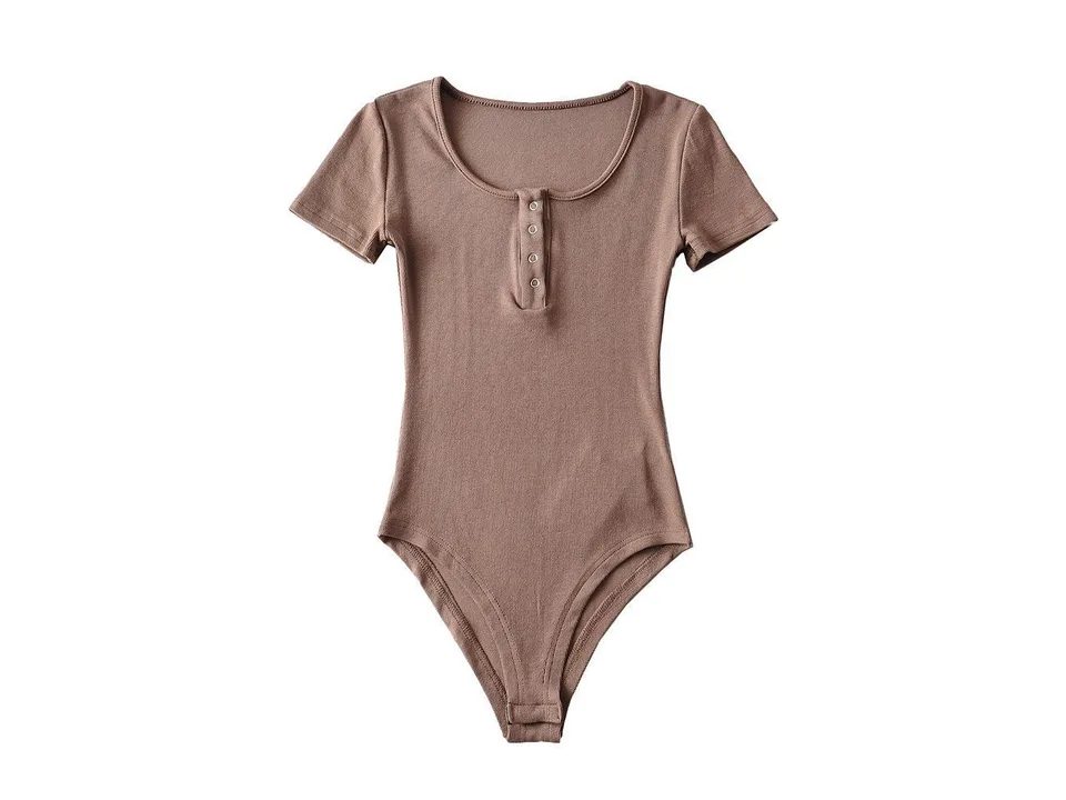 Brown short sleeve henley bodysuit on a white background.
