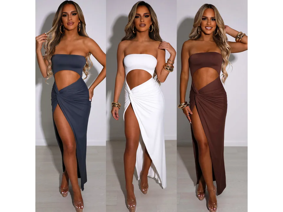 Three models wearing the same strapless cut-out maxi dress in grey, white, and brown.