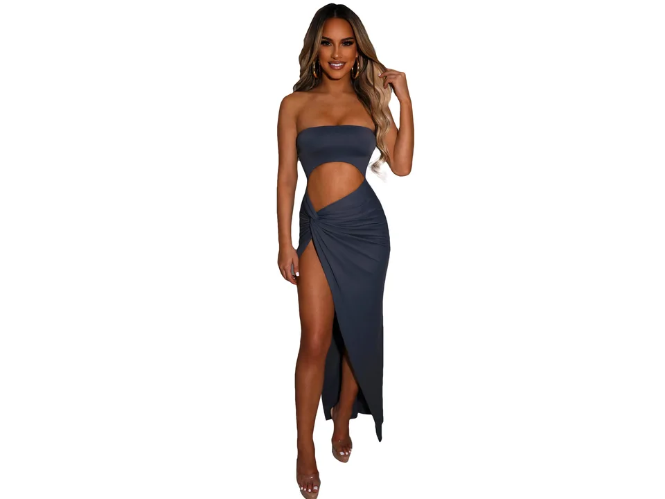 Model wearing a dark grey strapless cut-out maxi dress with a high slit.
