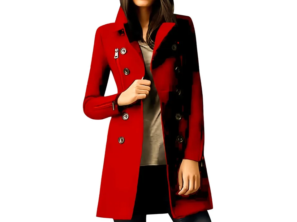 A woman wearing a red double-breasted coat.