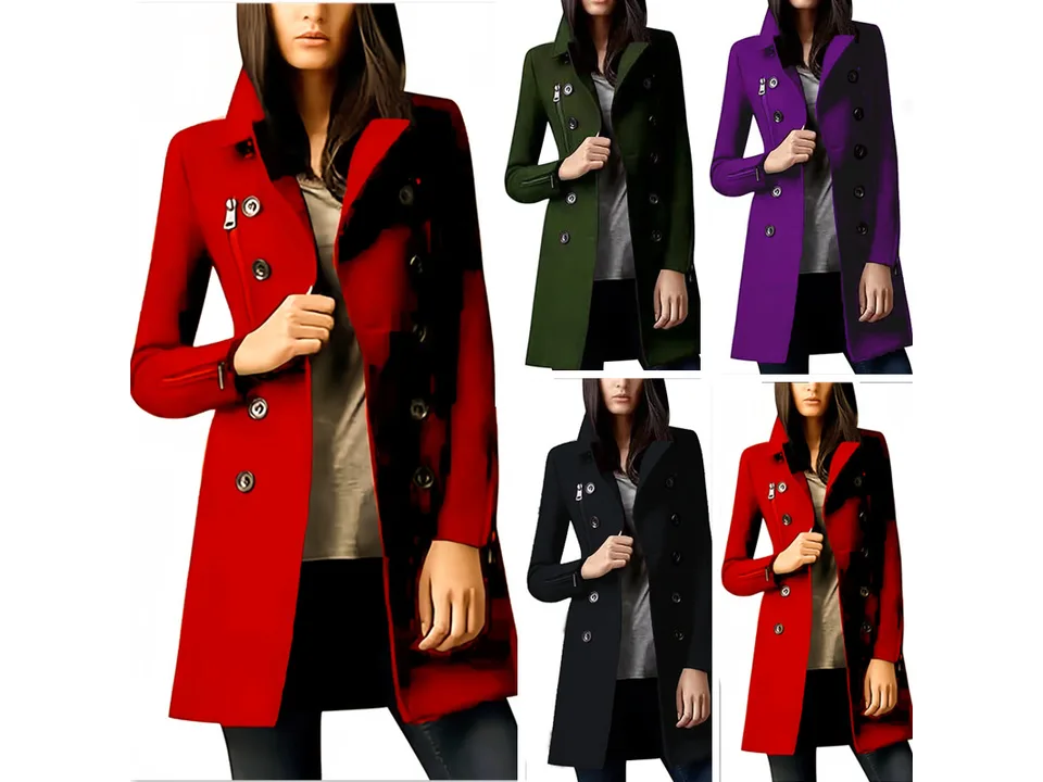 A collage showing the women's coat in red, green, purple, and black.