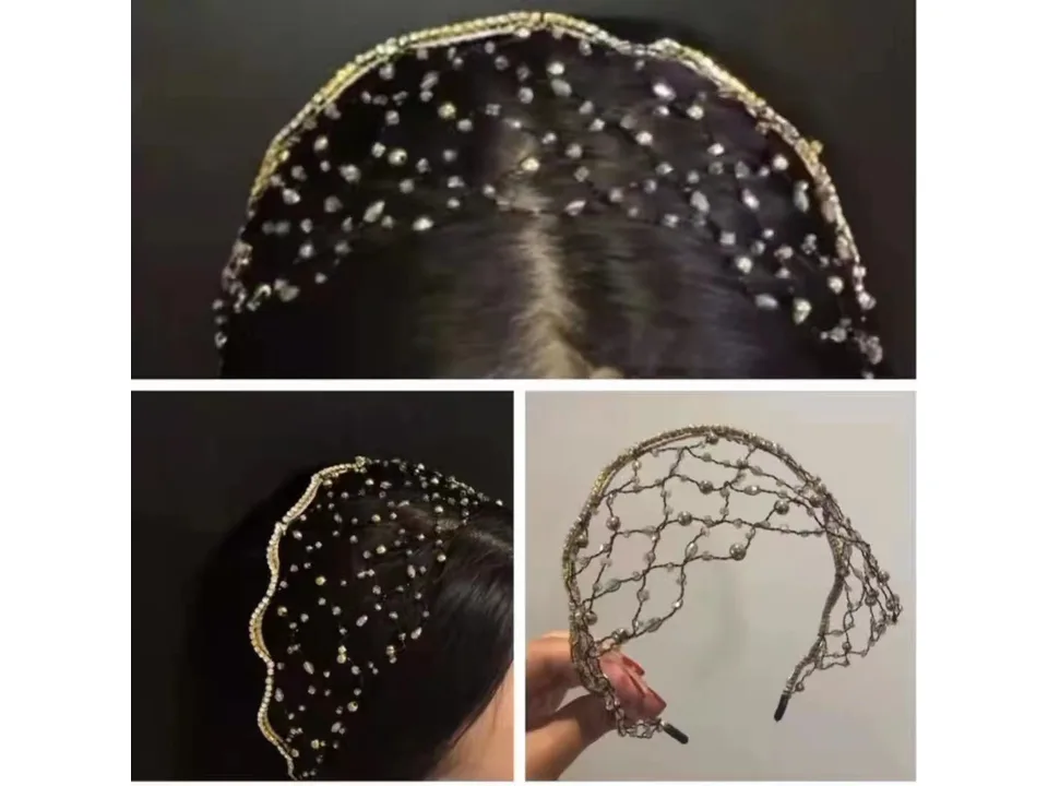 Collage showing the beaded hair hoop worn on a person's head and held in a hand.