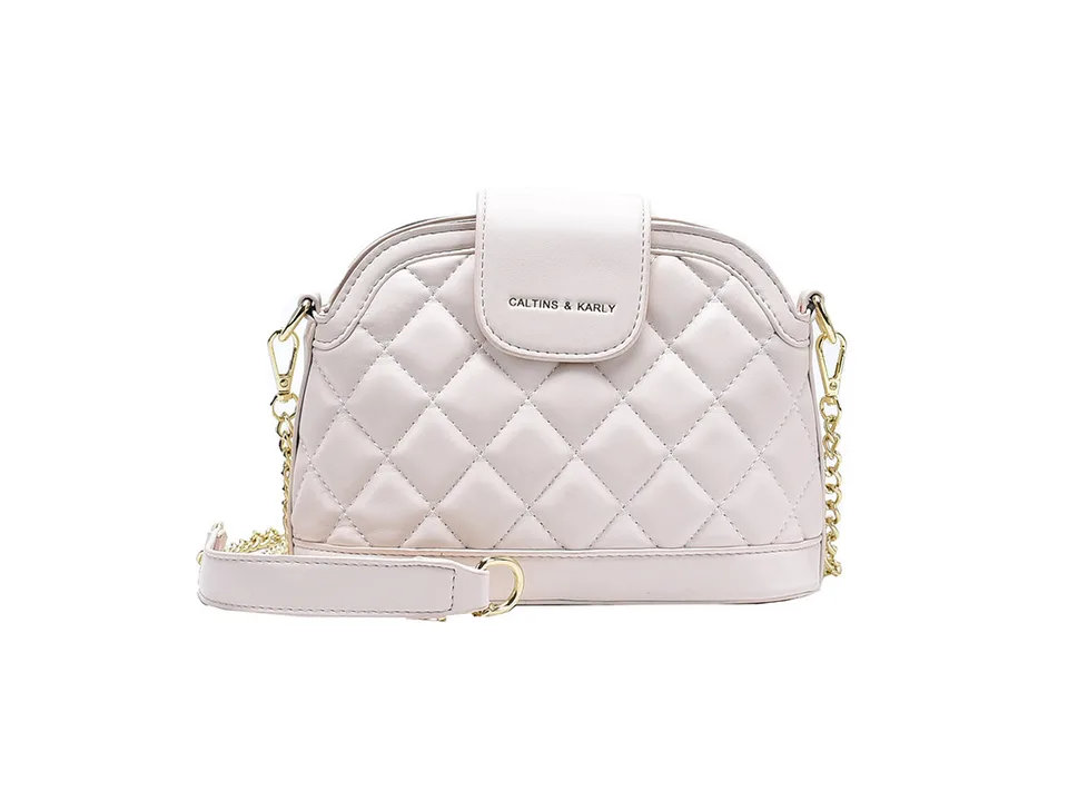 Beige quilted shoulder bag with gold chain strap