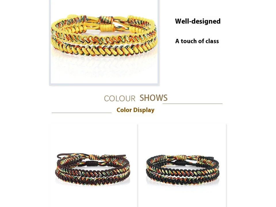 A yellow braided rope bracelet on a white background.