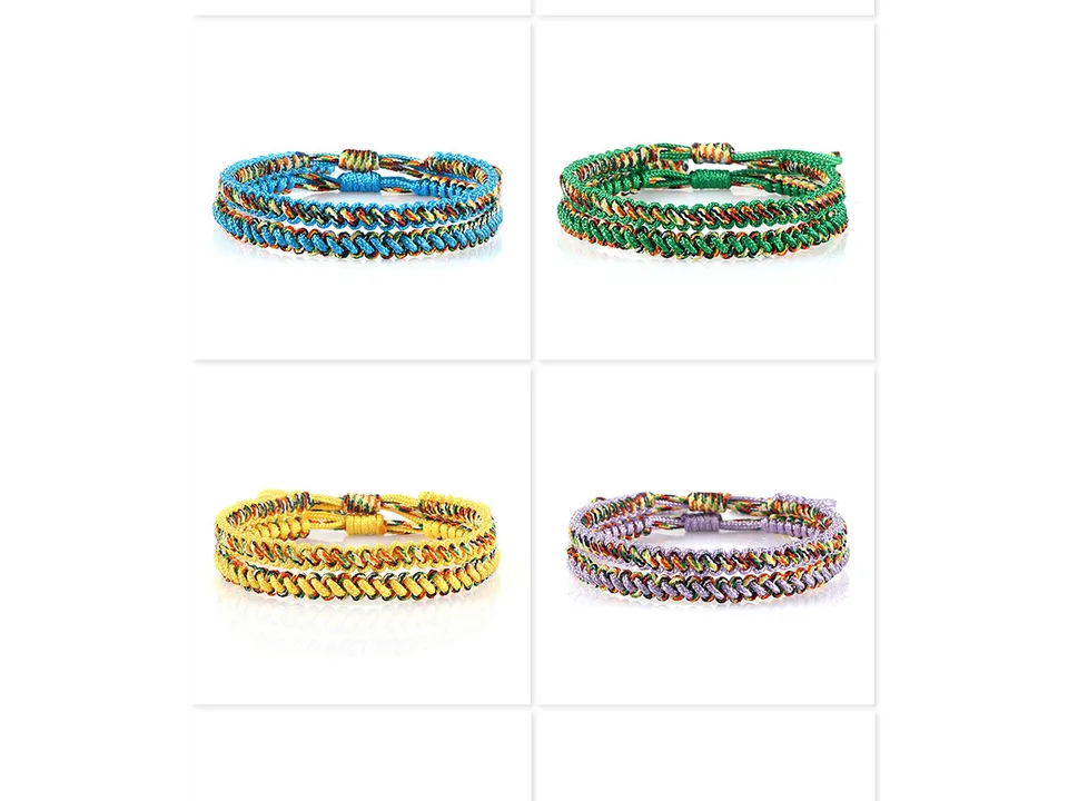 Four different colored braided rope bracelets displayed on a white background.