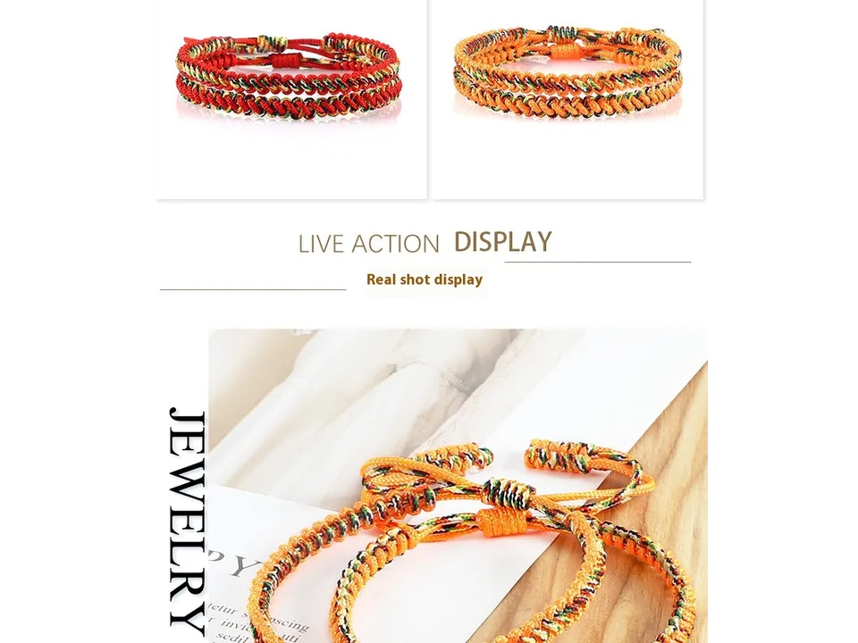 Close-up of an orange braided rope bracelet on a wooden surface.