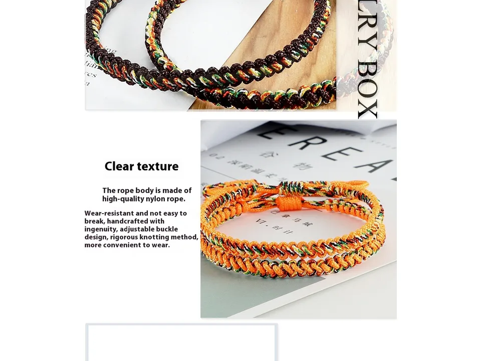 Close-up of an orange braided rope bracelet on a wooden surface.