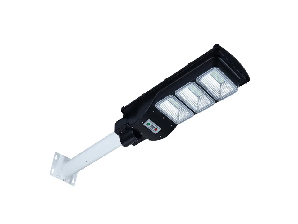 Solar street light fixture with mounting arm on a white background.