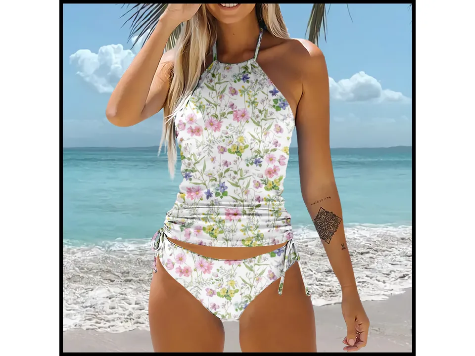 A woman wearing a multi-colored floral high-waisted bikini set with a halter neck top.