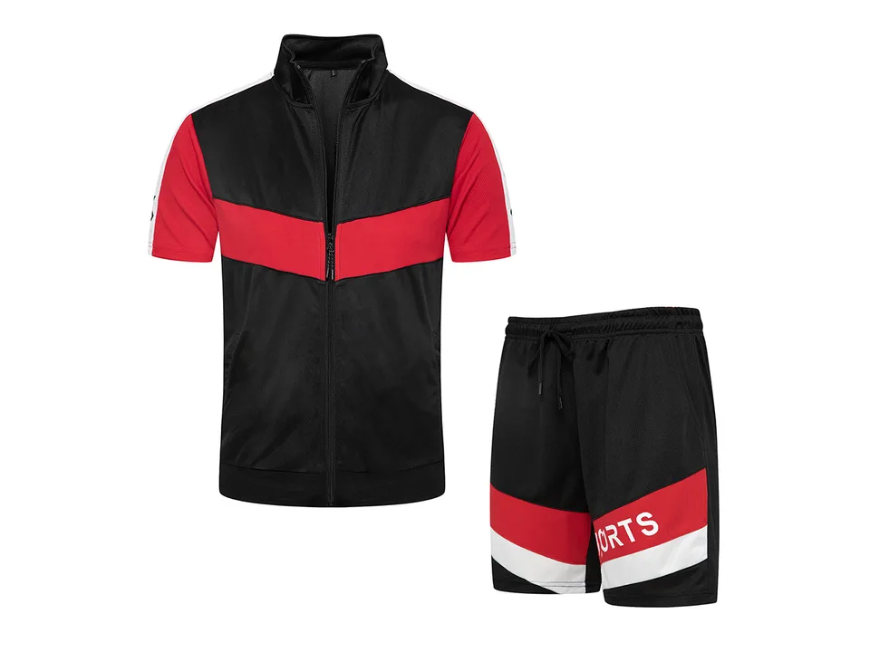Black and red men's short sleeve zip-up top and matching athletic shorts.
