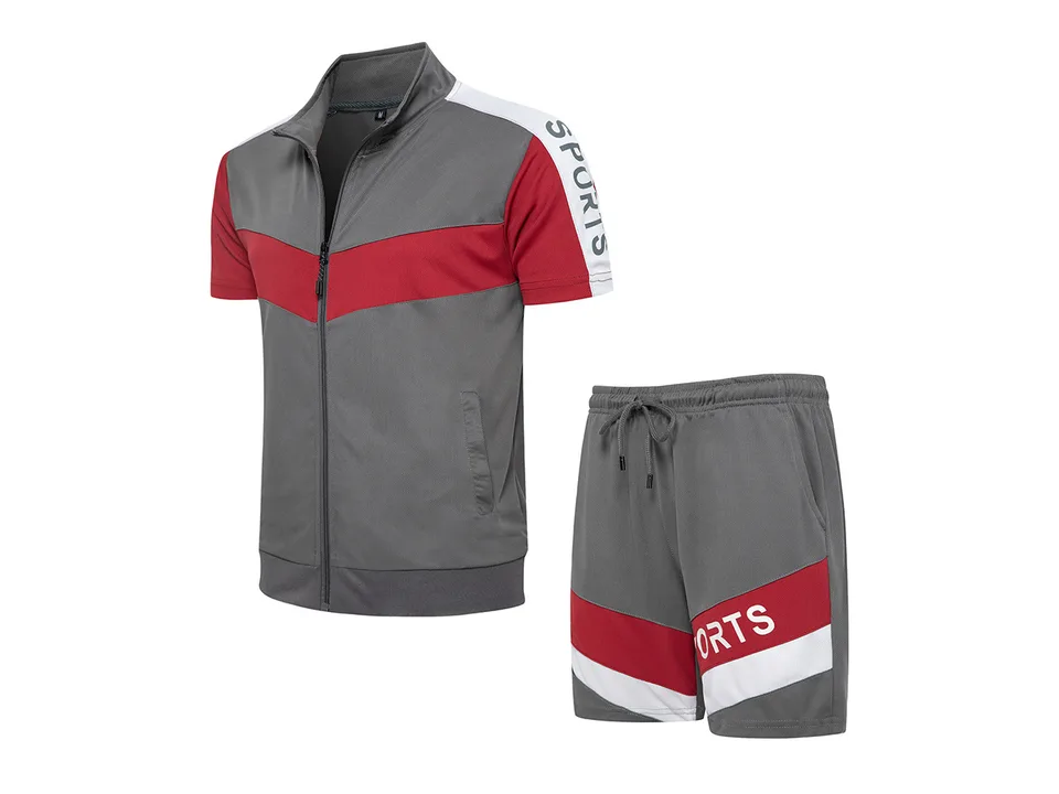 Grey and red men's short sleeve zip-up top and matching athletic shorts.