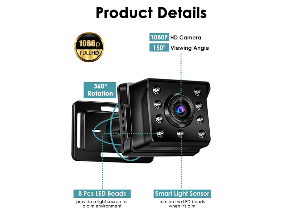 Close-up of the baby car camera highlighting 1080p resolution, 360-degree rotation, and LED night vision.