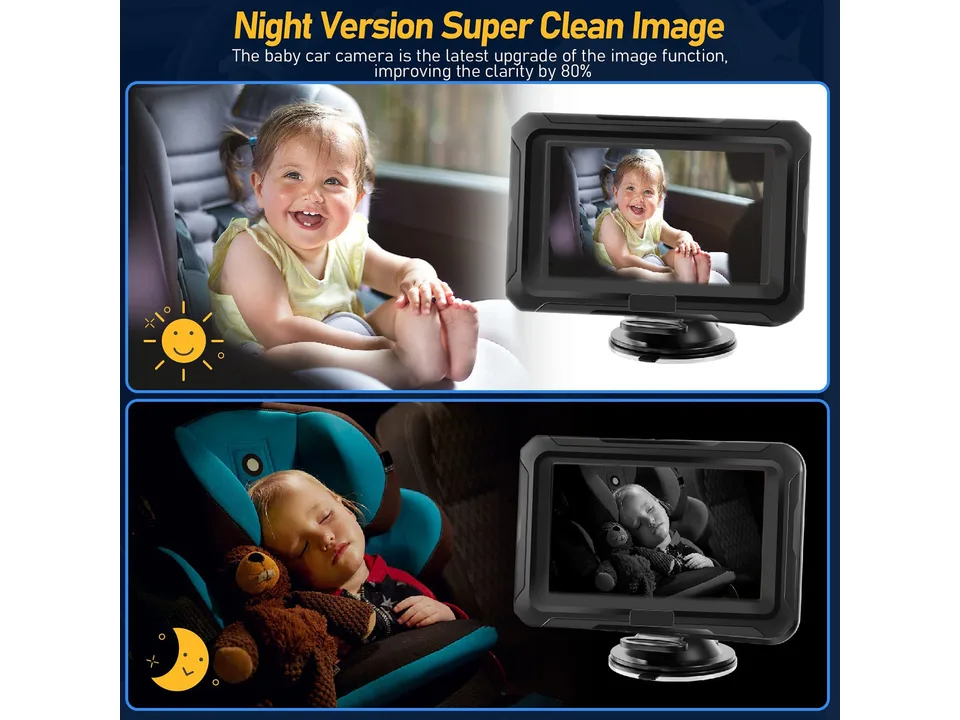 Baby car monitor showing clear day and night vision images of a baby.