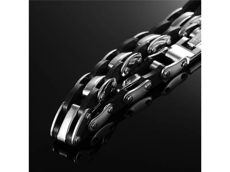 Close-up of the stainless steel and black silicone link bracelet.