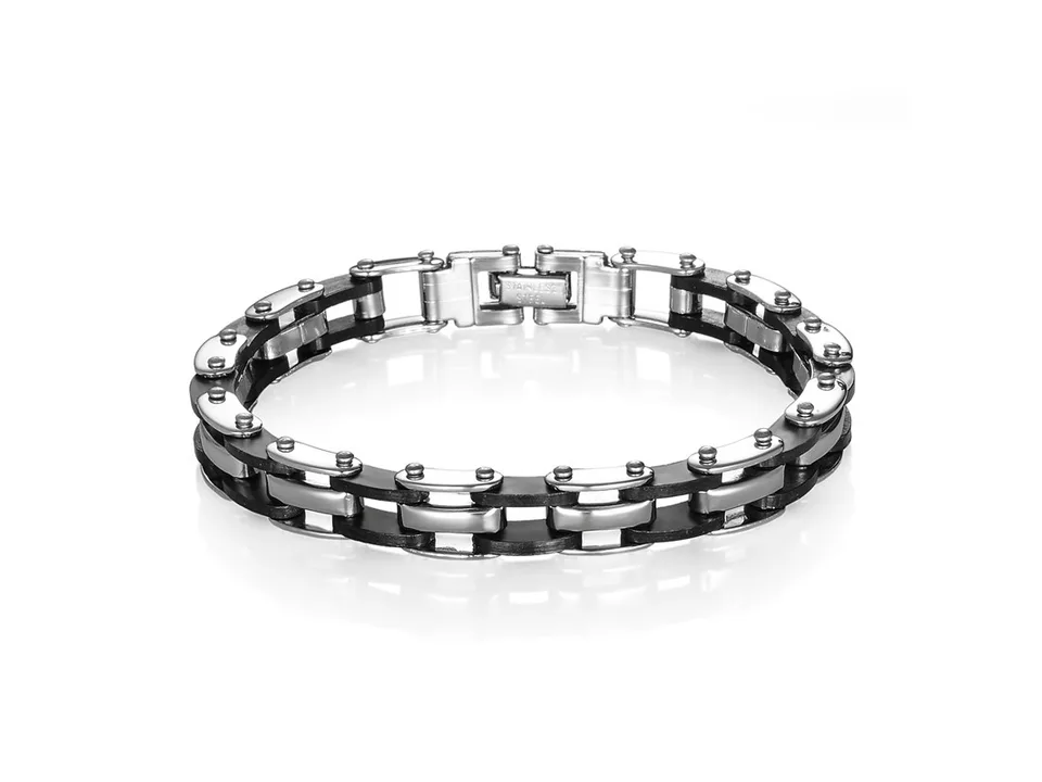 Full view of the stainless steel and silicone link bracelet.