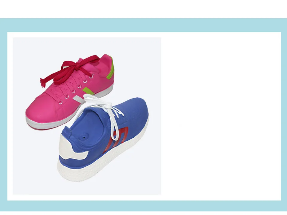 A pink and a blue shoe-shaped dog toy side by side.
