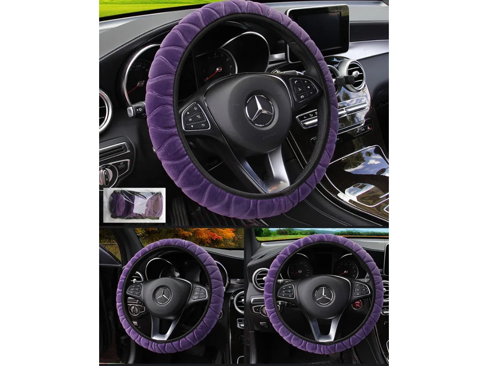 Purple plush steering wheel cover installed on a car steering wheel.