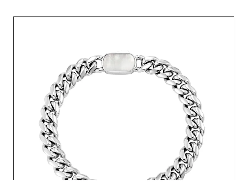 A silver Cuban link chain bracelet with a rectangular shell accent buckle.