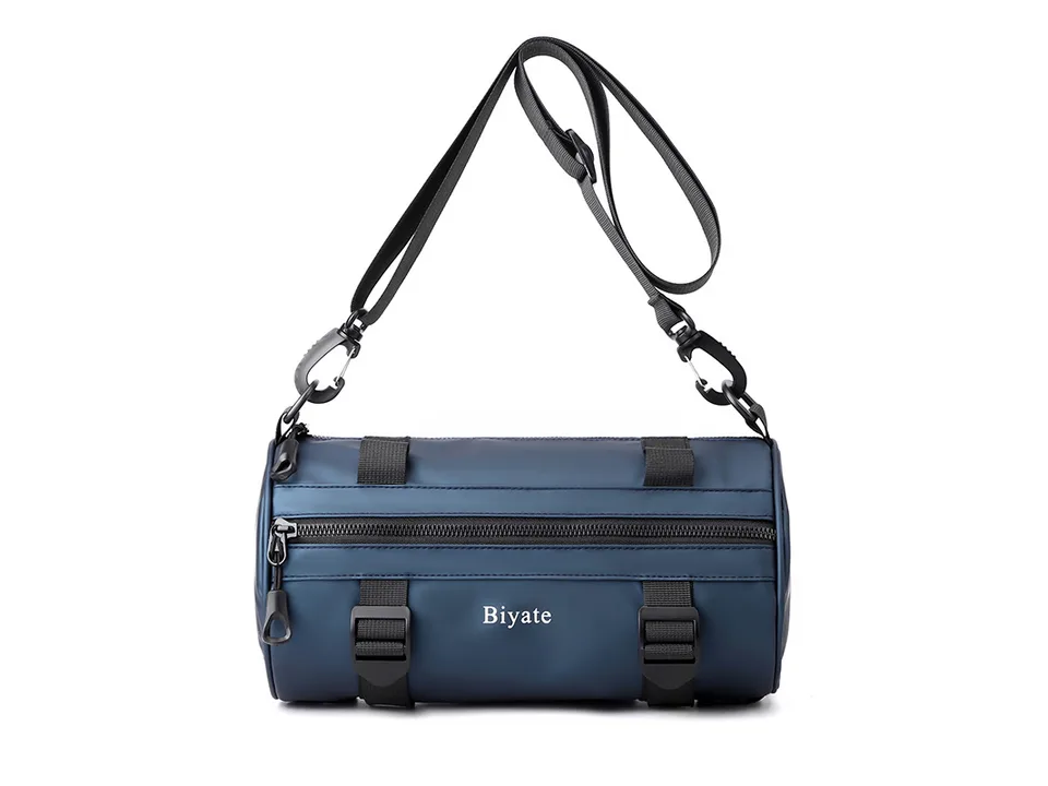 Blue cylindrical crossbody bag with adjustable strap and front zipper pocket.