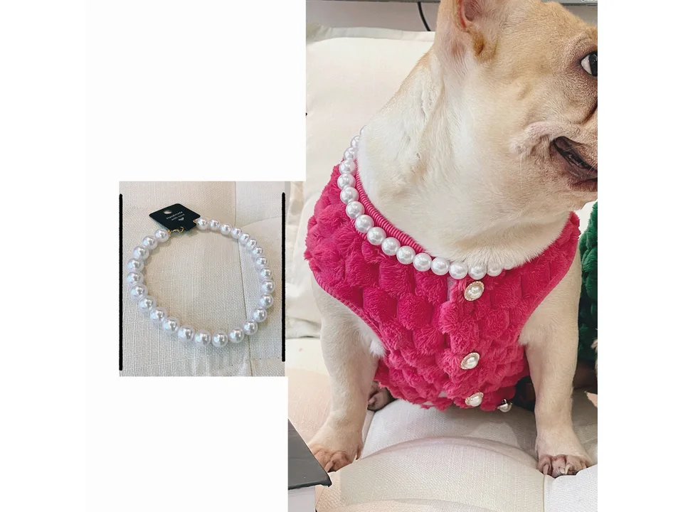 A pearl necklace for pets shown on a dog and as a separate item.