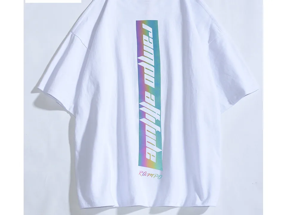 White t-shirt with a vertical iridescent graphic on the back.