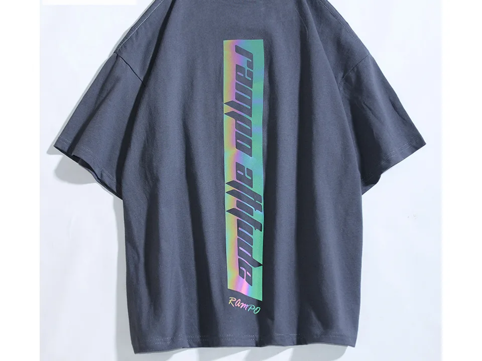 Dark grey t-shirt with a vertical iridescent graphic on the back.