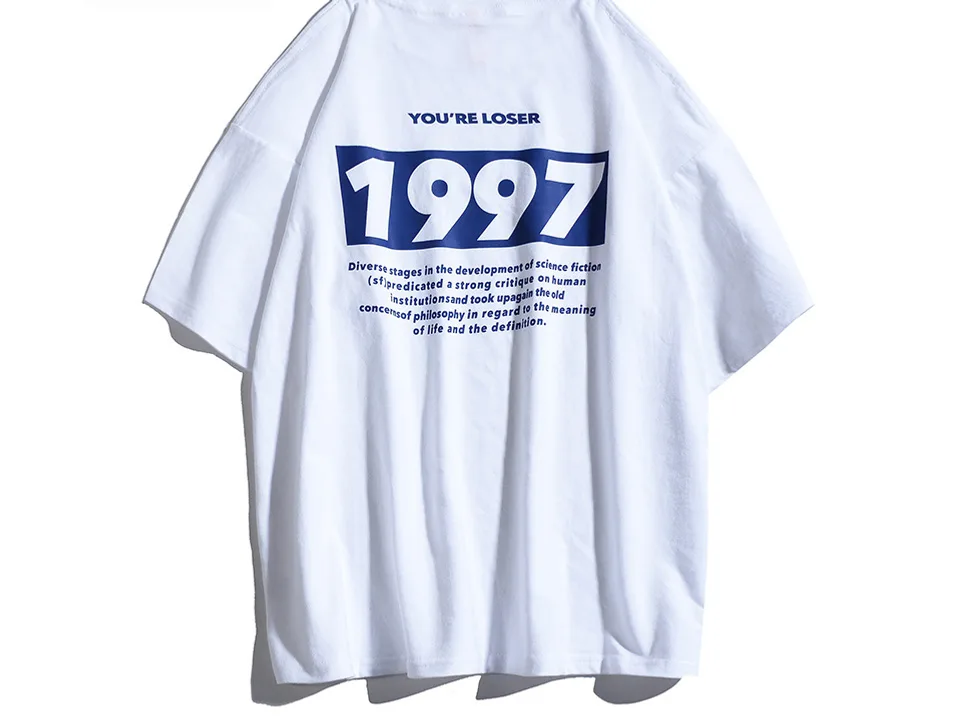 White t-shirt with a blue graphic on the back that says 1997 and text.