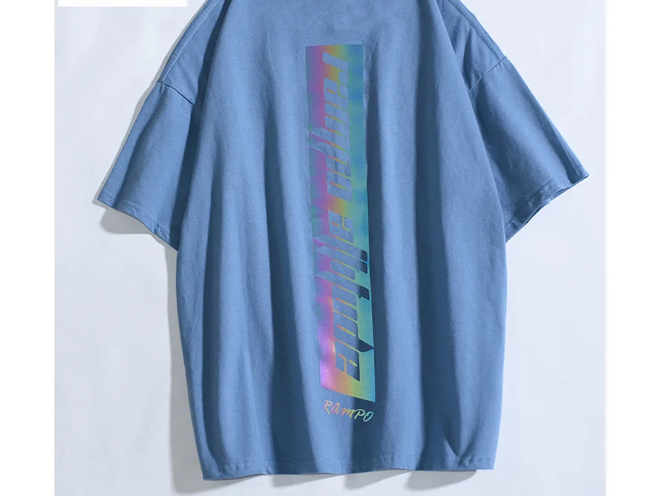 Blue t-shirt with a vertical iridescent graphic on the back.