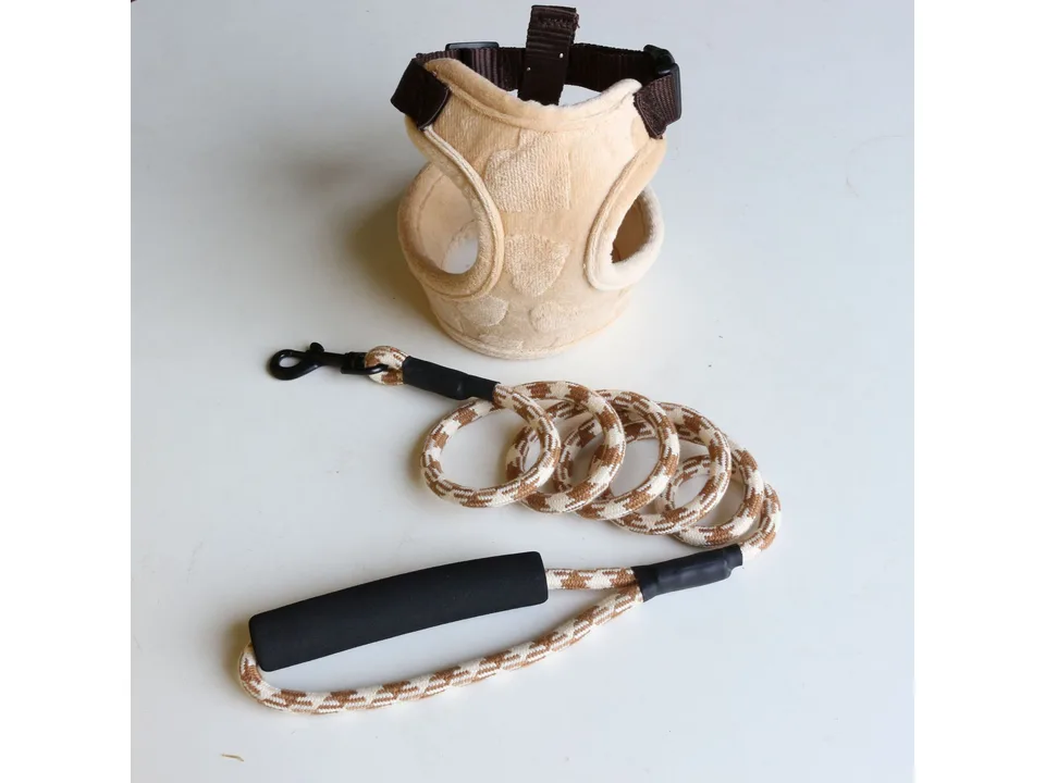 Beige plush dog harness and matching leash set.