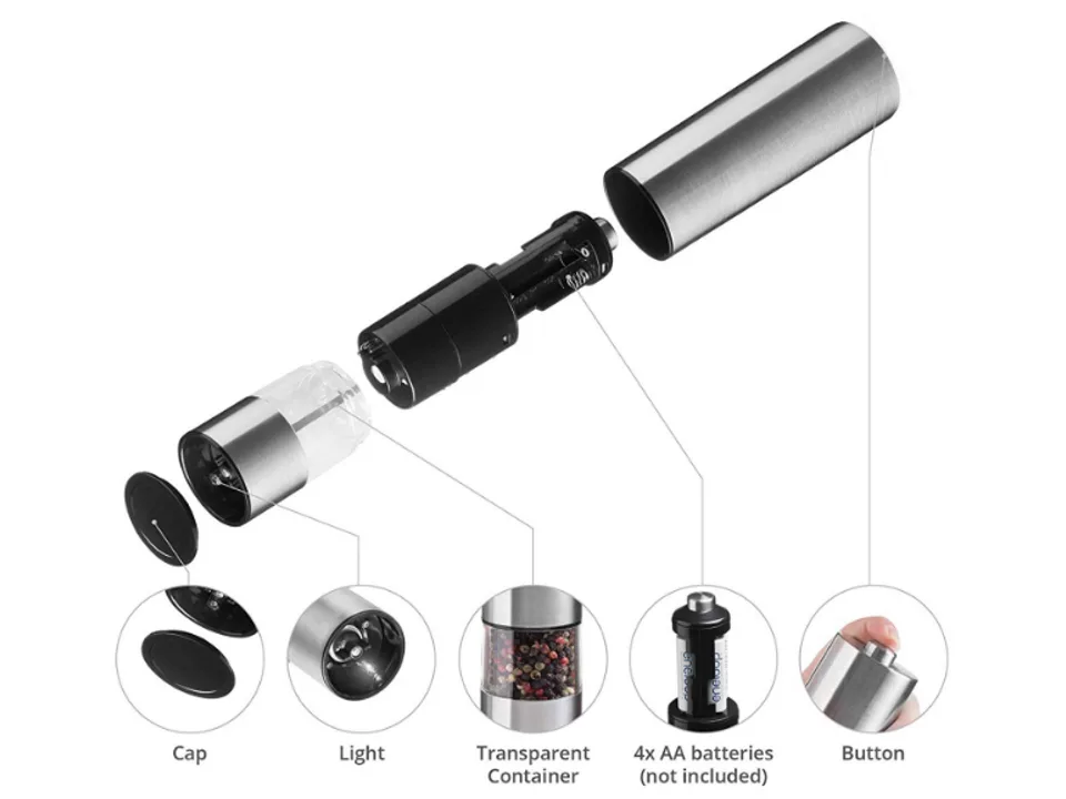 Exploded view of the electric grinder showing its internal parts.