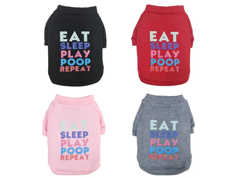 Four dog sweaters in black, red, pink, and grey, each with the same graphic print.